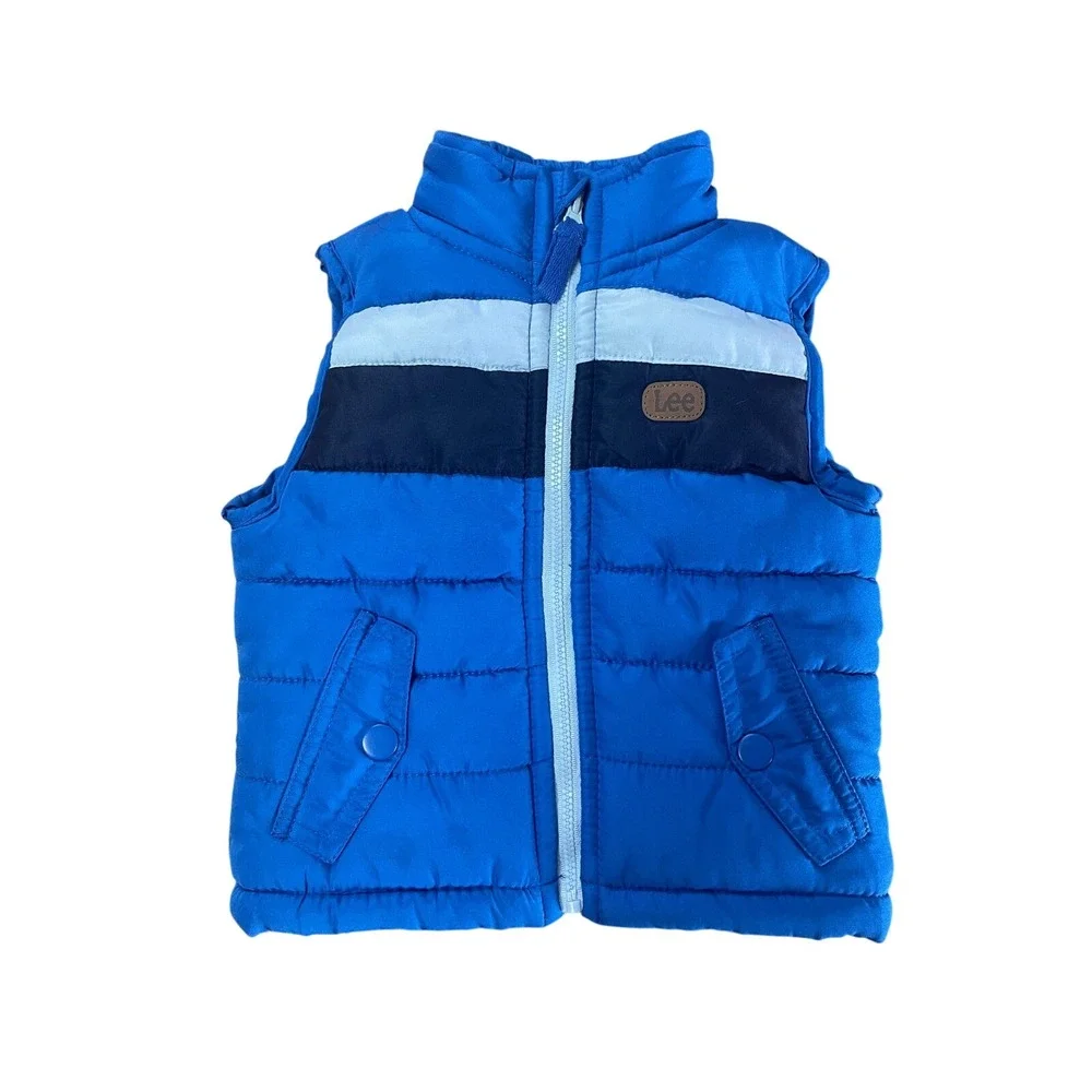 Lee Kids Blue Puffer Vest Tri-Color Stripe Full Zip Quilted Outerwear‎ 12M